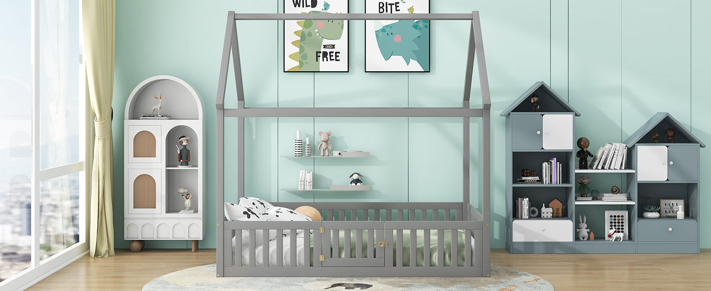 Full Size Gray Wood House Bed Frame