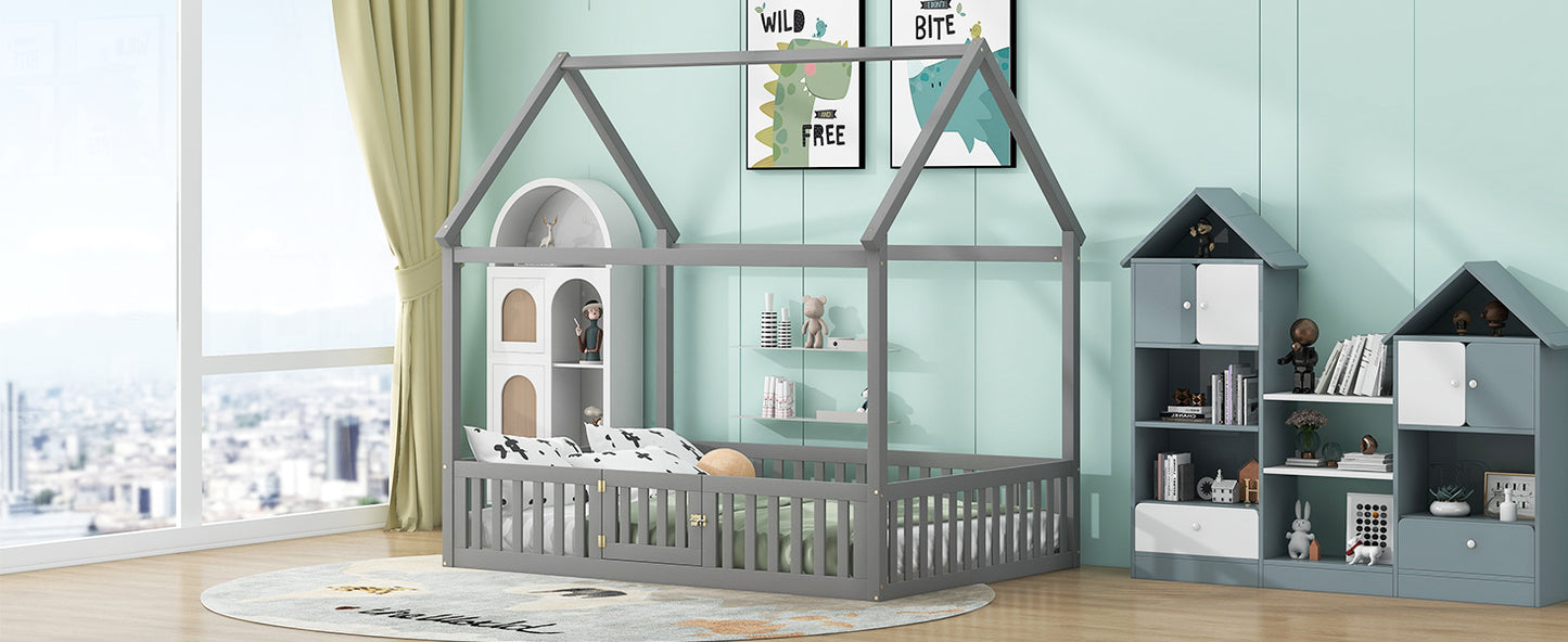 Full Size Gray Wood House Bed Frame