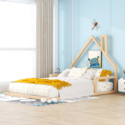Full Size Pine Wood Bed Frame - House Headboard for Bedroom