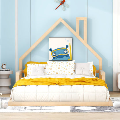 Full Size Pine Wood Bed Frame - House Headboard for Bedroom