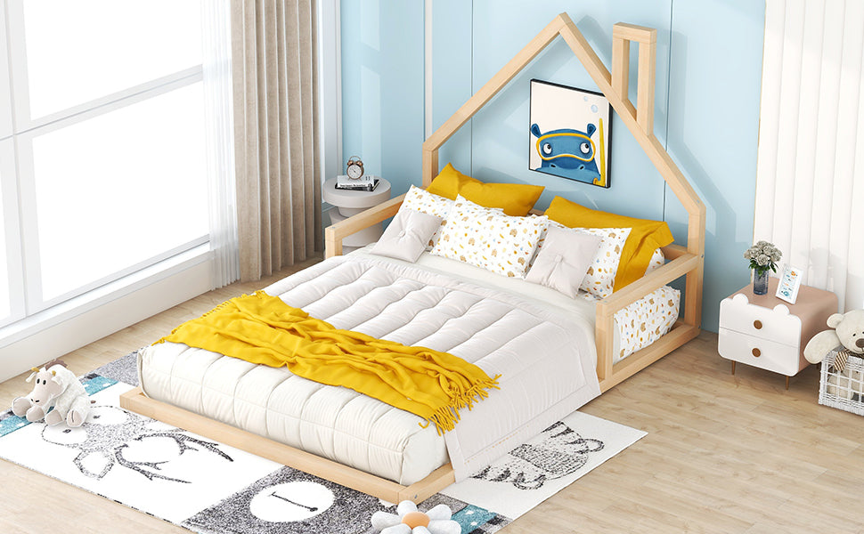 Full Size Pine Wood Bed Frame - House Headboard for Bedroom