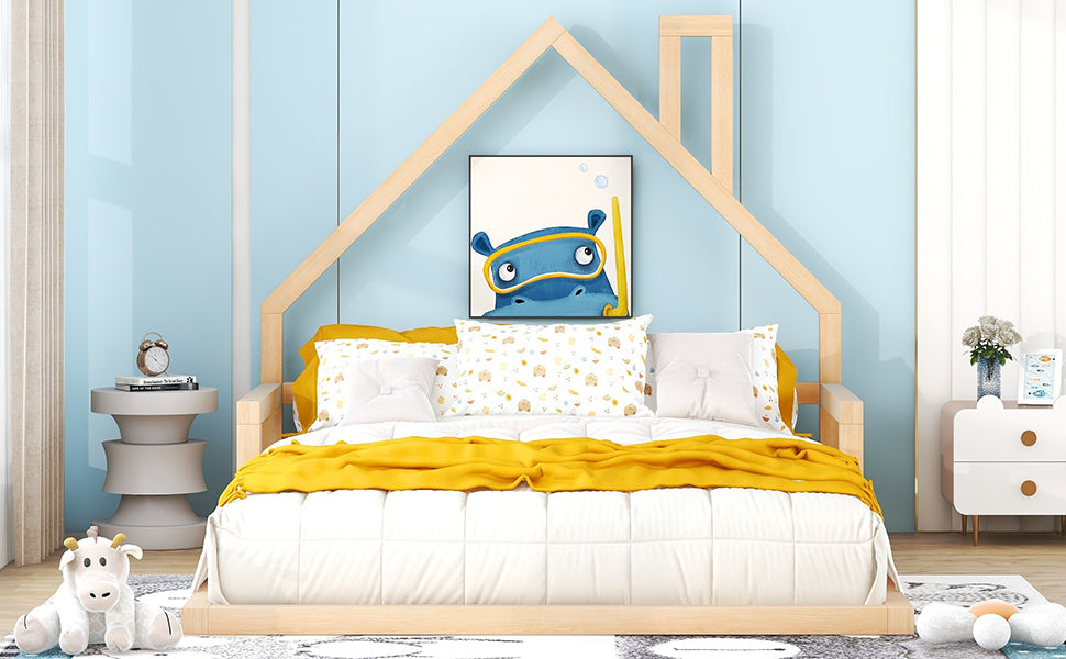 Full Size Pine Wood Bed Frame - House Headboard for Bedroom