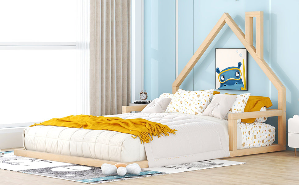 Full Size Pine Wood Bed Frame - House Headboard for Bedroom