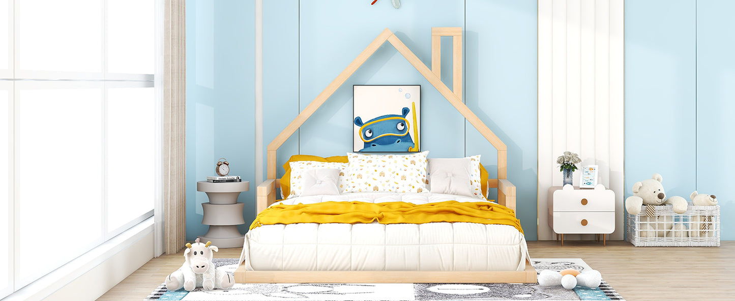 Full Size Pine Wood Bed Frame - House Headboard for Bedroom