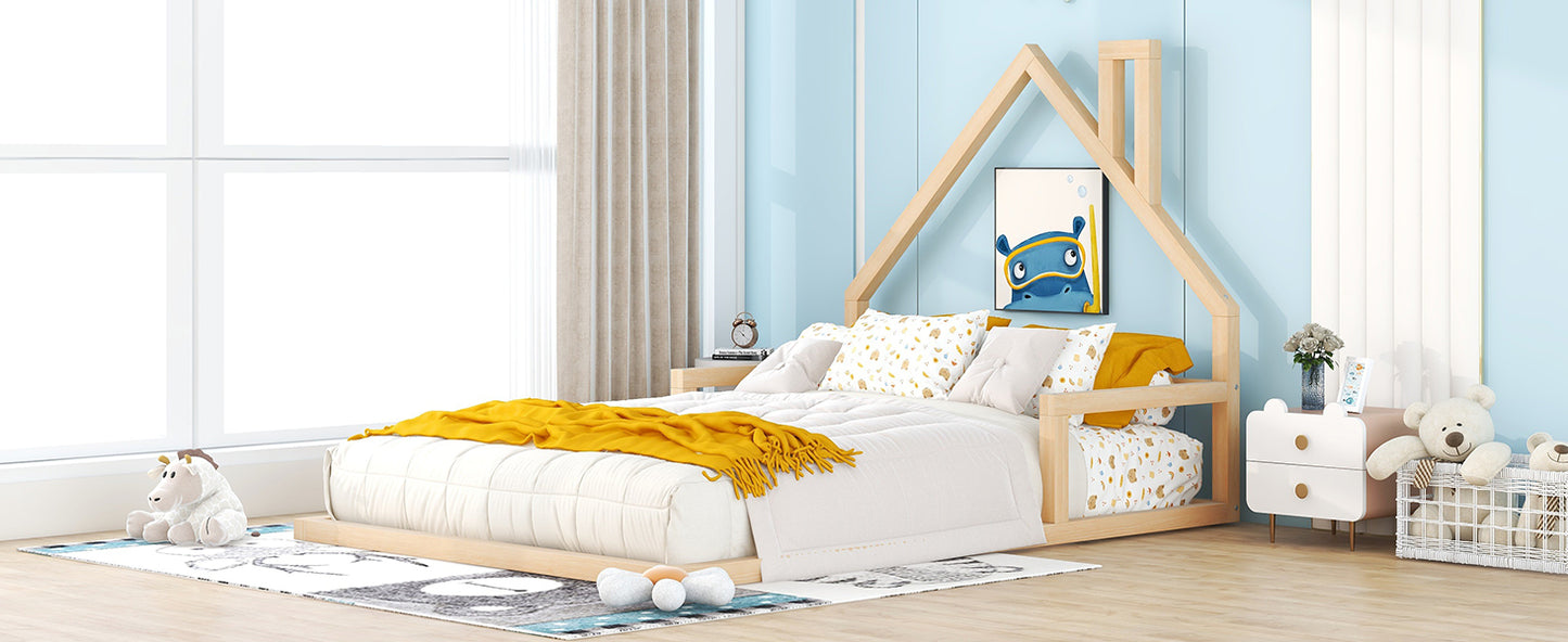 Full Size Pine Wood Bed Frame - House Headboard for Bedroom