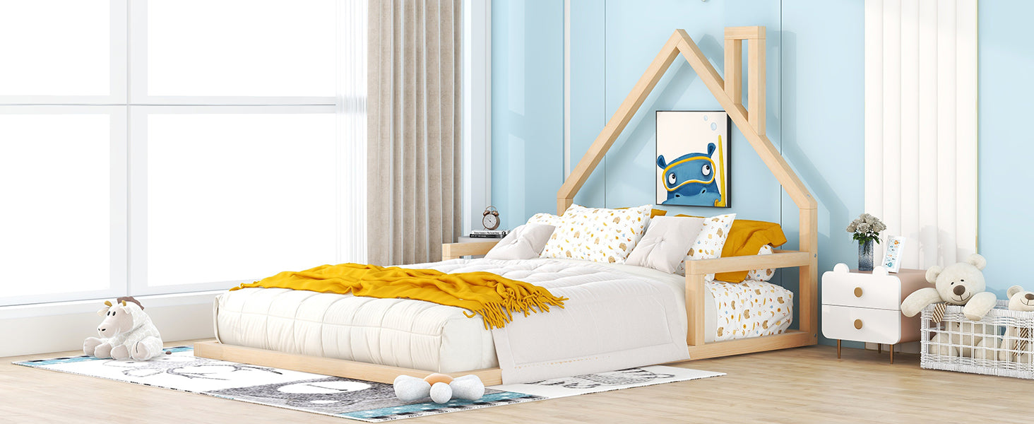 Full Size Pine Wood Bed Frame - House Headboard for Bedroom