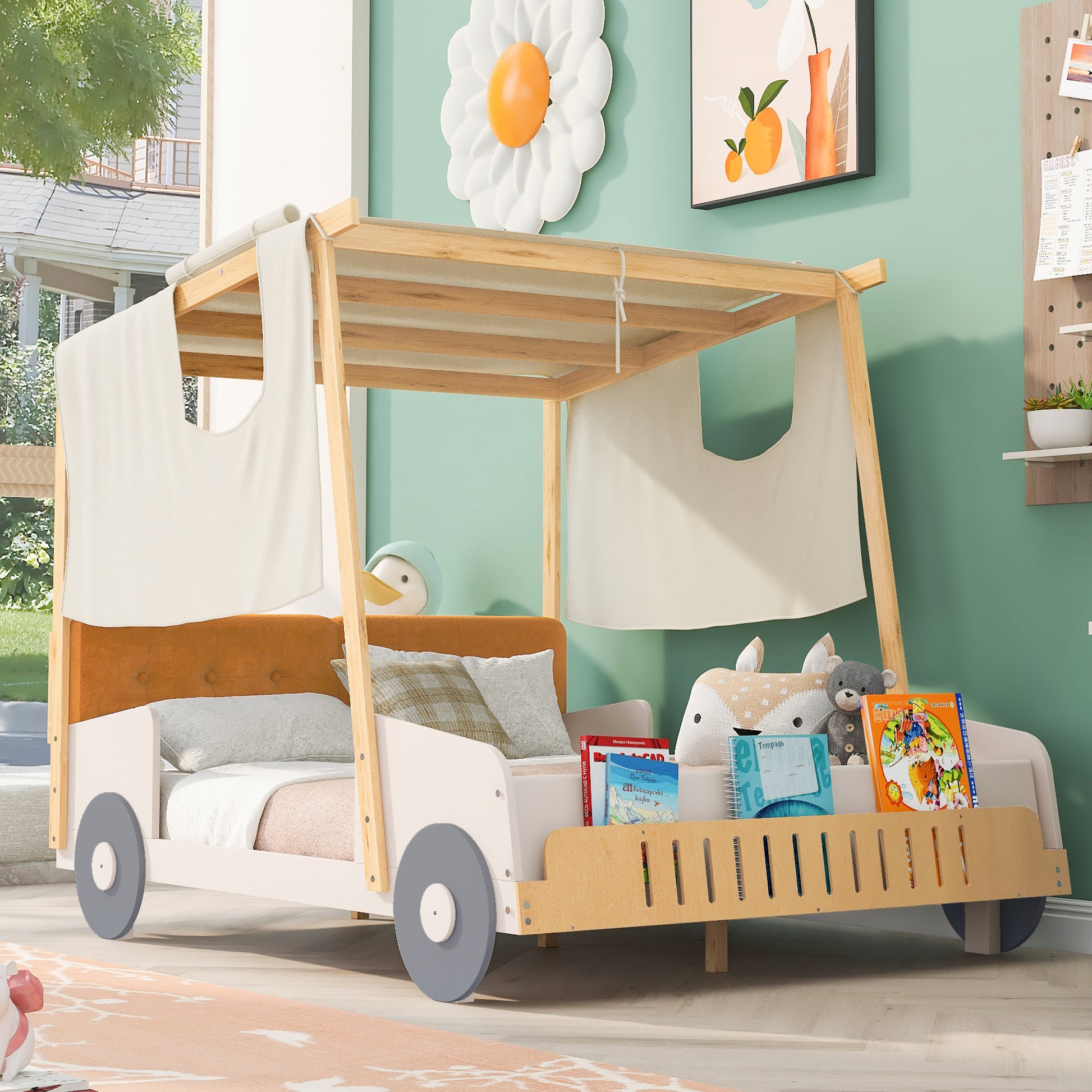 Full Size Car Bed Frame Natural Wood