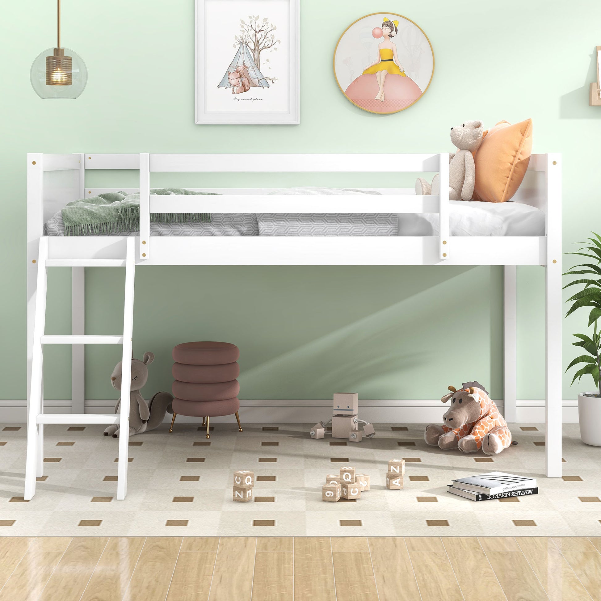Twin Size Wood Loft Bed with Ladder - White for Bedroom