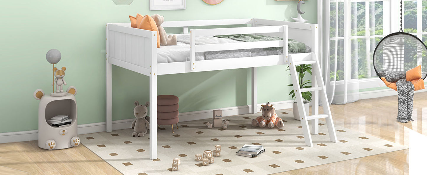 Twin Size Wood Loft Bed with Ladder - White for Bedroom
