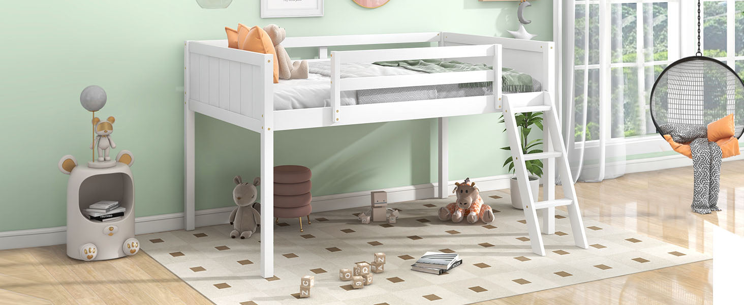Twin Size Wood Loft Bed with Ladder - White for Bedroom