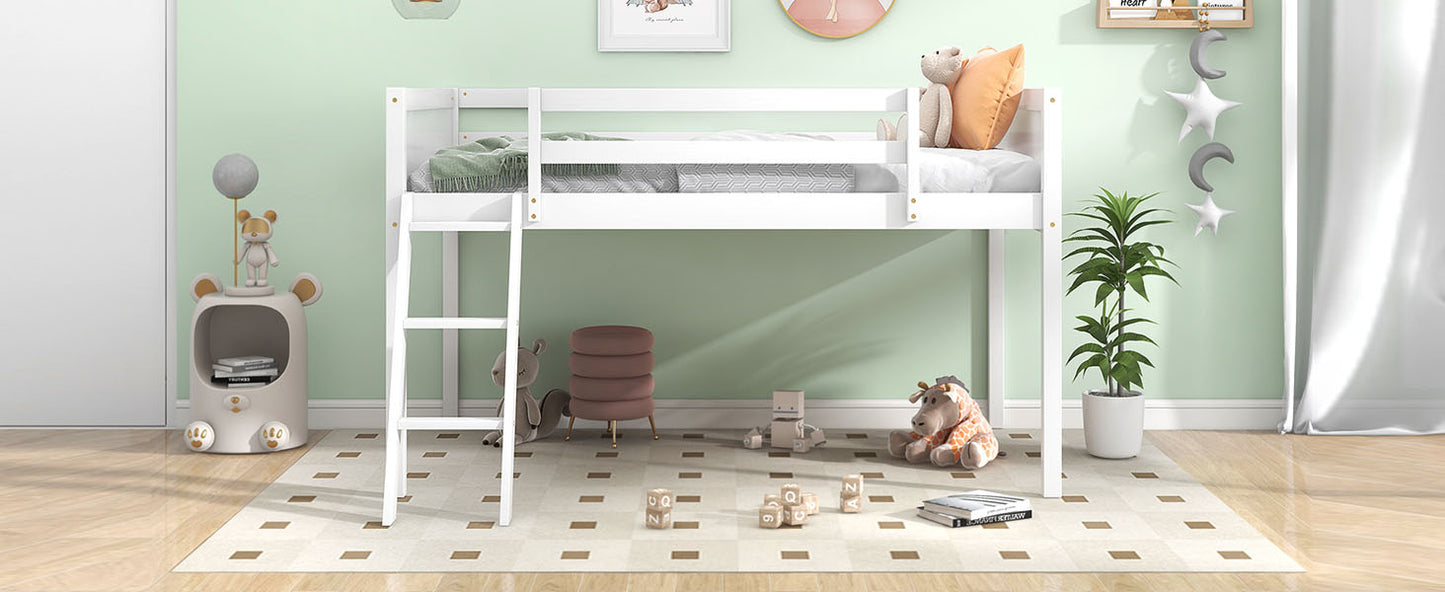 Twin Size Wood Loft Bed with Ladder - White for Bedroom