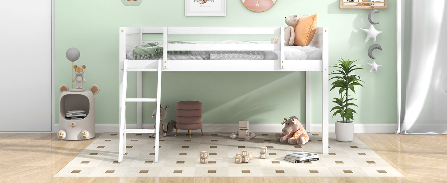 Twin Size Wood Loft Bed with Ladder - White for Bedroom