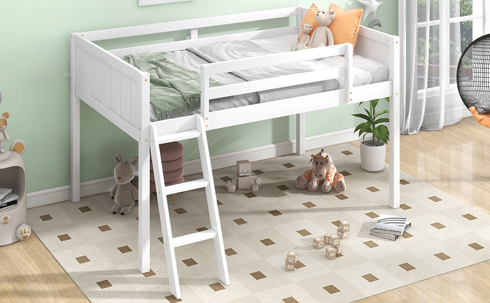 Twin Size Wood Loft Bed with Ladder - White for Bedroom
