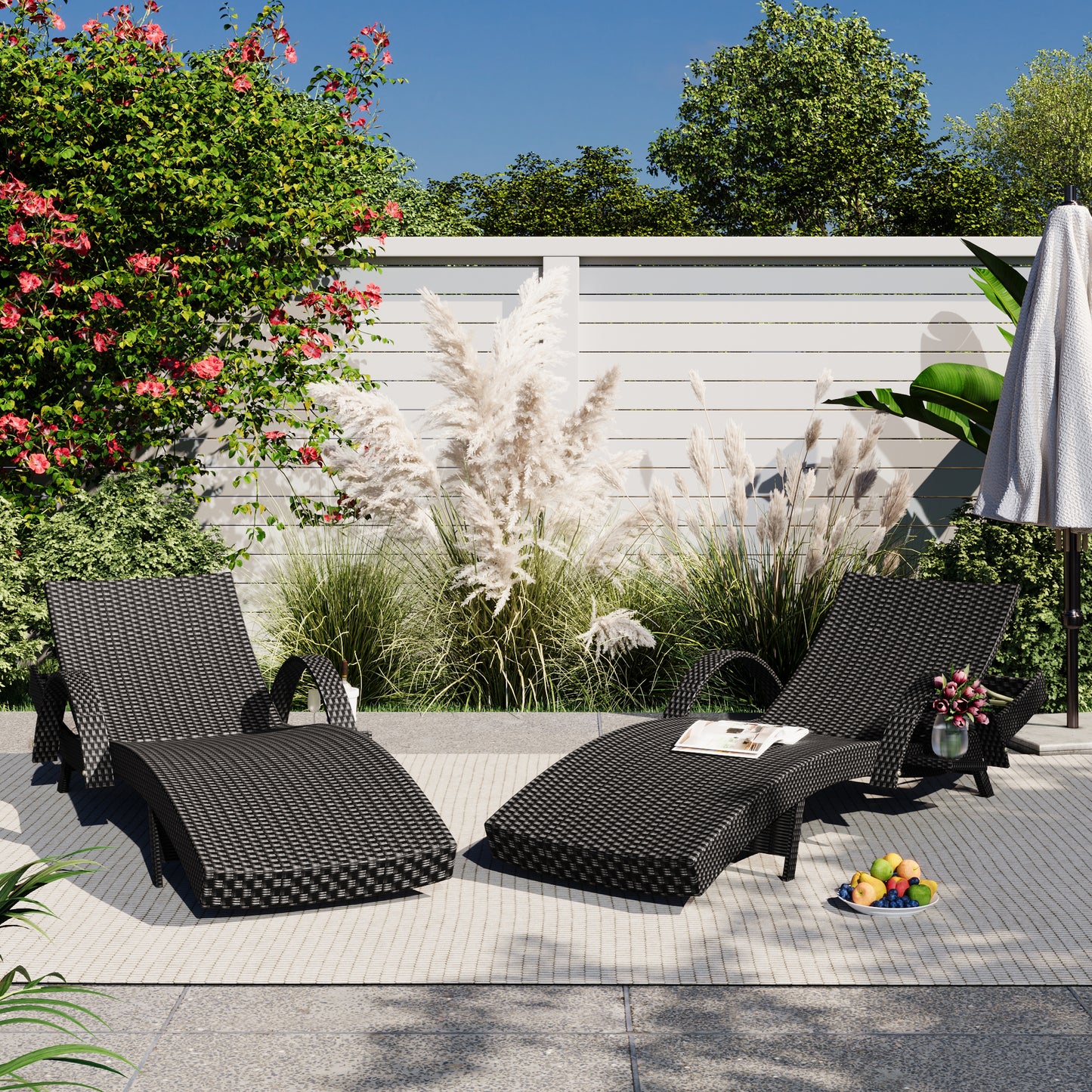 K&K 80'' Outdoor Wicker Chaise Lounge Chairs Set of 2, Patio Rattan Reclining Chair Pull-out Side Table w/ 5-Level Adjustable Backrest Ergonomic Wave Design Pool Sunbathing Recliners, Black