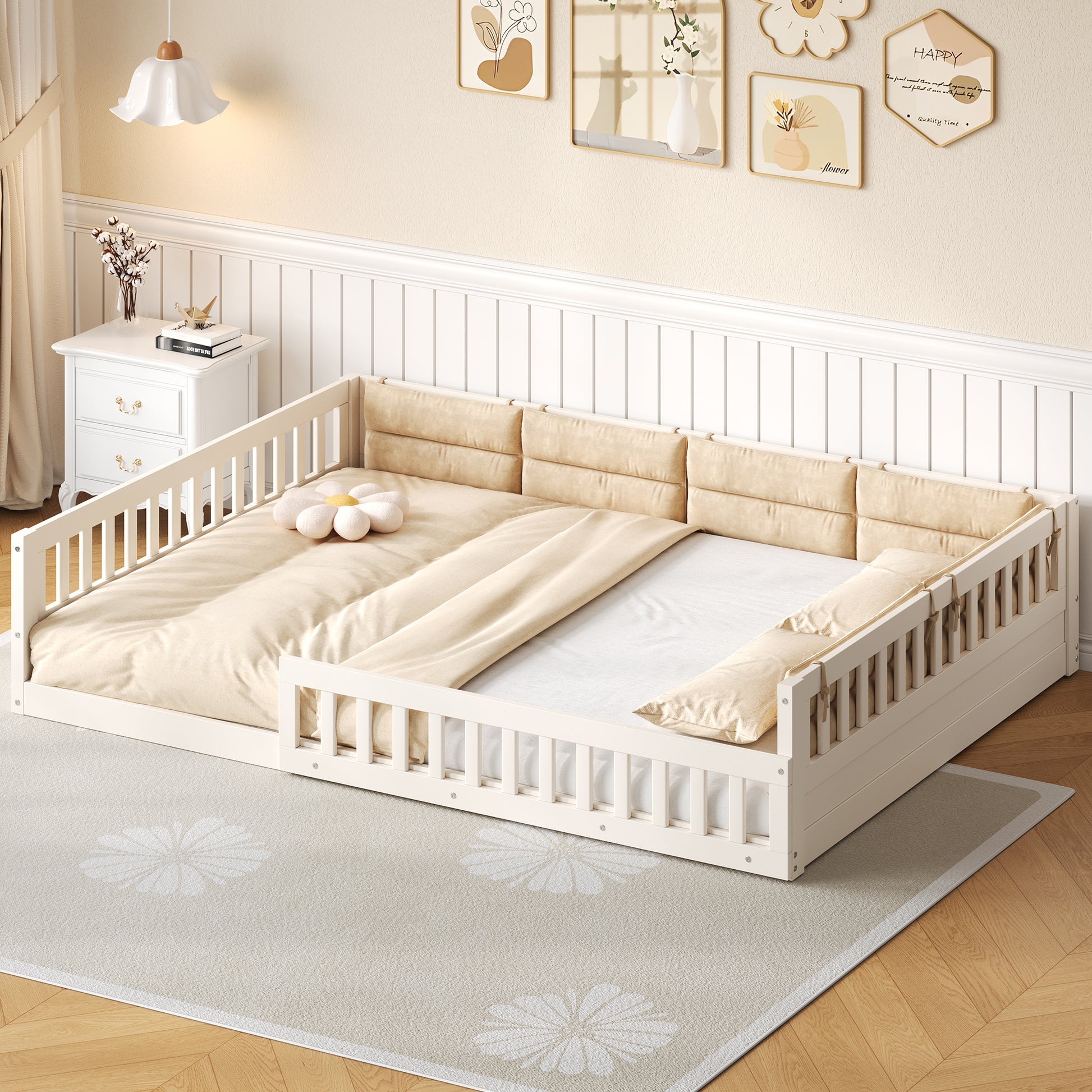 Wood Full Size Upholstered Platform Bed with Guardrail and Pillow, Beige