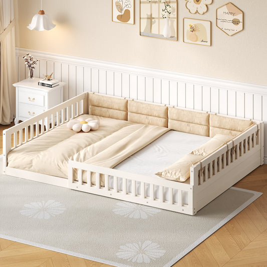 Wood Full Size Upholstered Platform Bed with Guardrail and Pillow, Beige