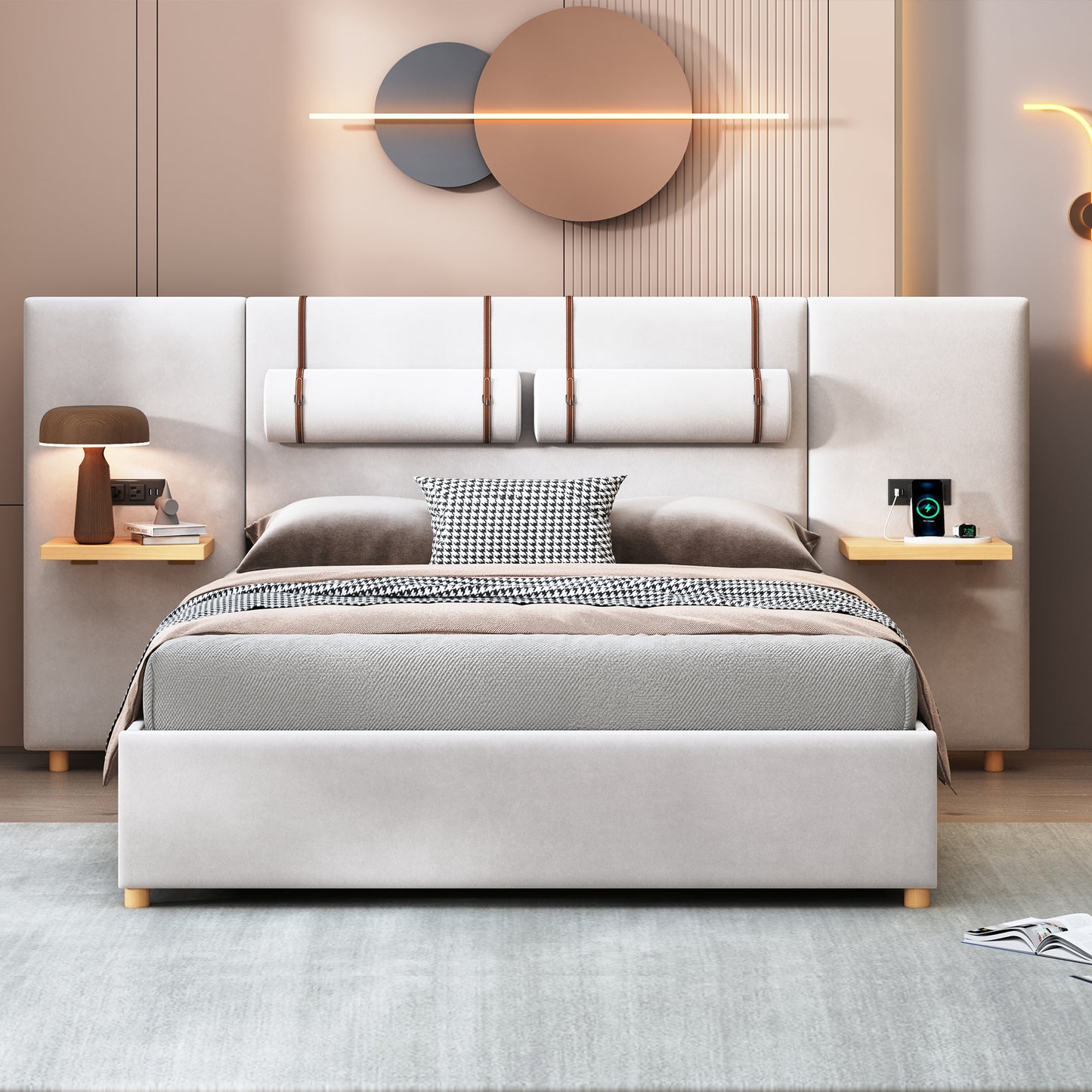 Queen Size Beige Upholstered Bed Frame with Storage
