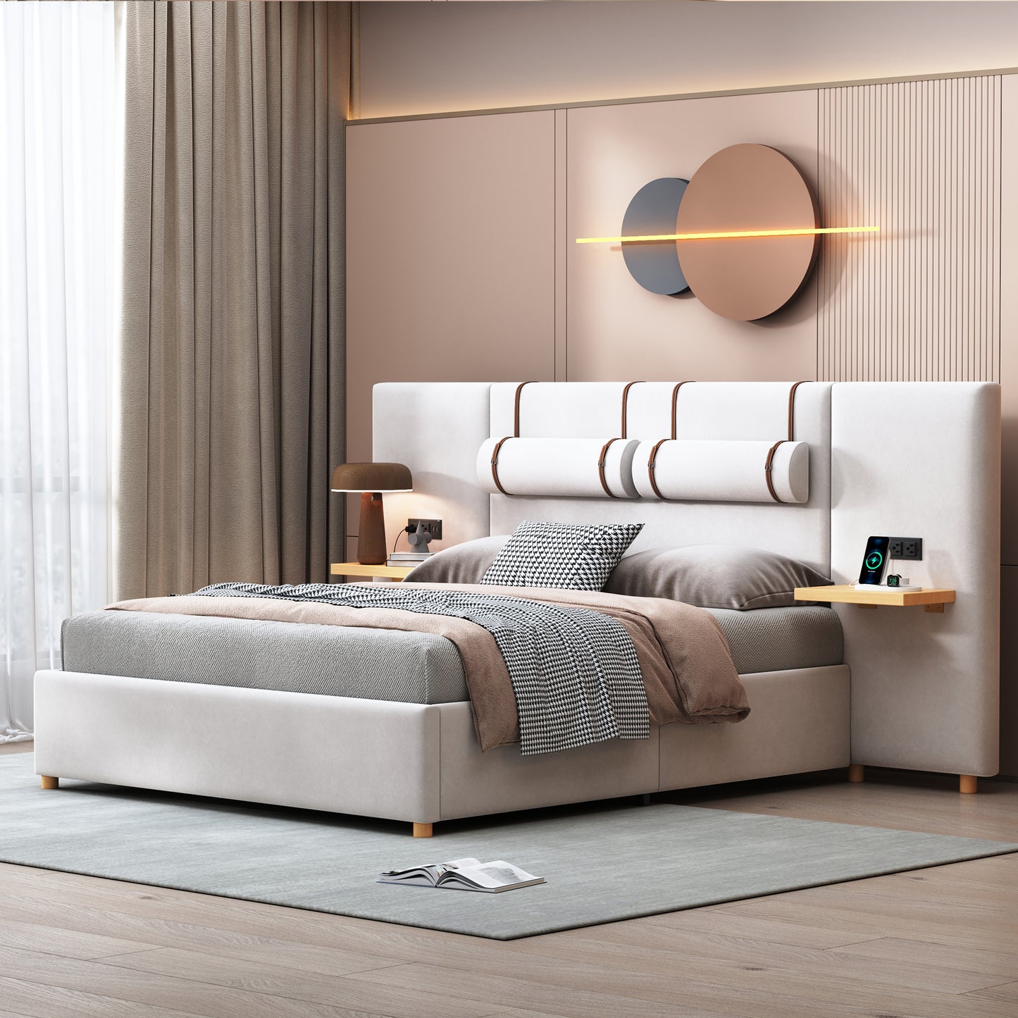 Queen Size Beige Upholstered Bed Frame with Storage
