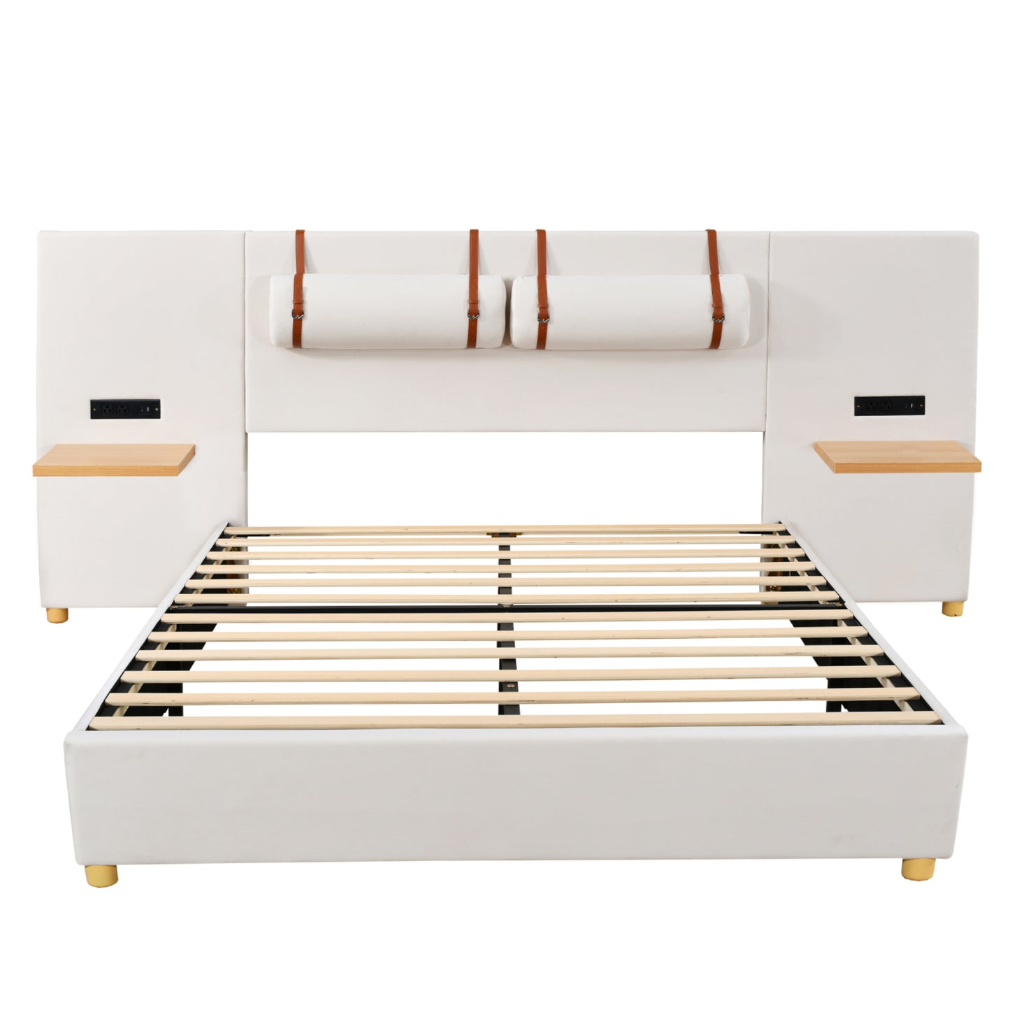 Queen Size Beige Upholstered Bed Frame with Storage