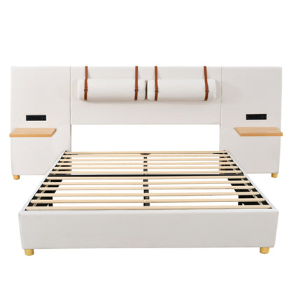 Queen Size Beige Upholstered Bed Frame with Storage