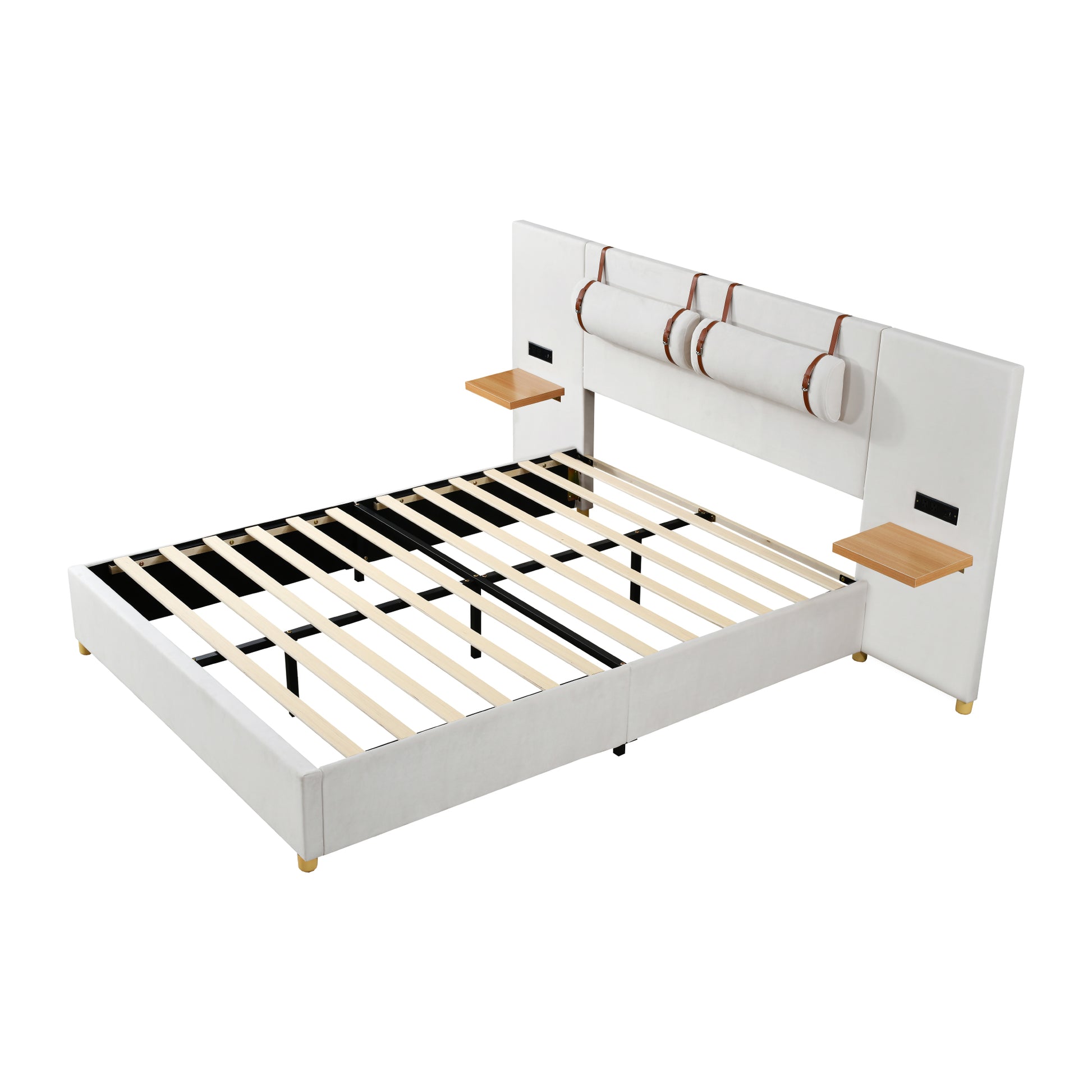 Queen Size Beige Upholstered Bed Frame with Storage