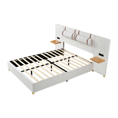 Queen Size Beige Upholstered Bed Frame with Storage