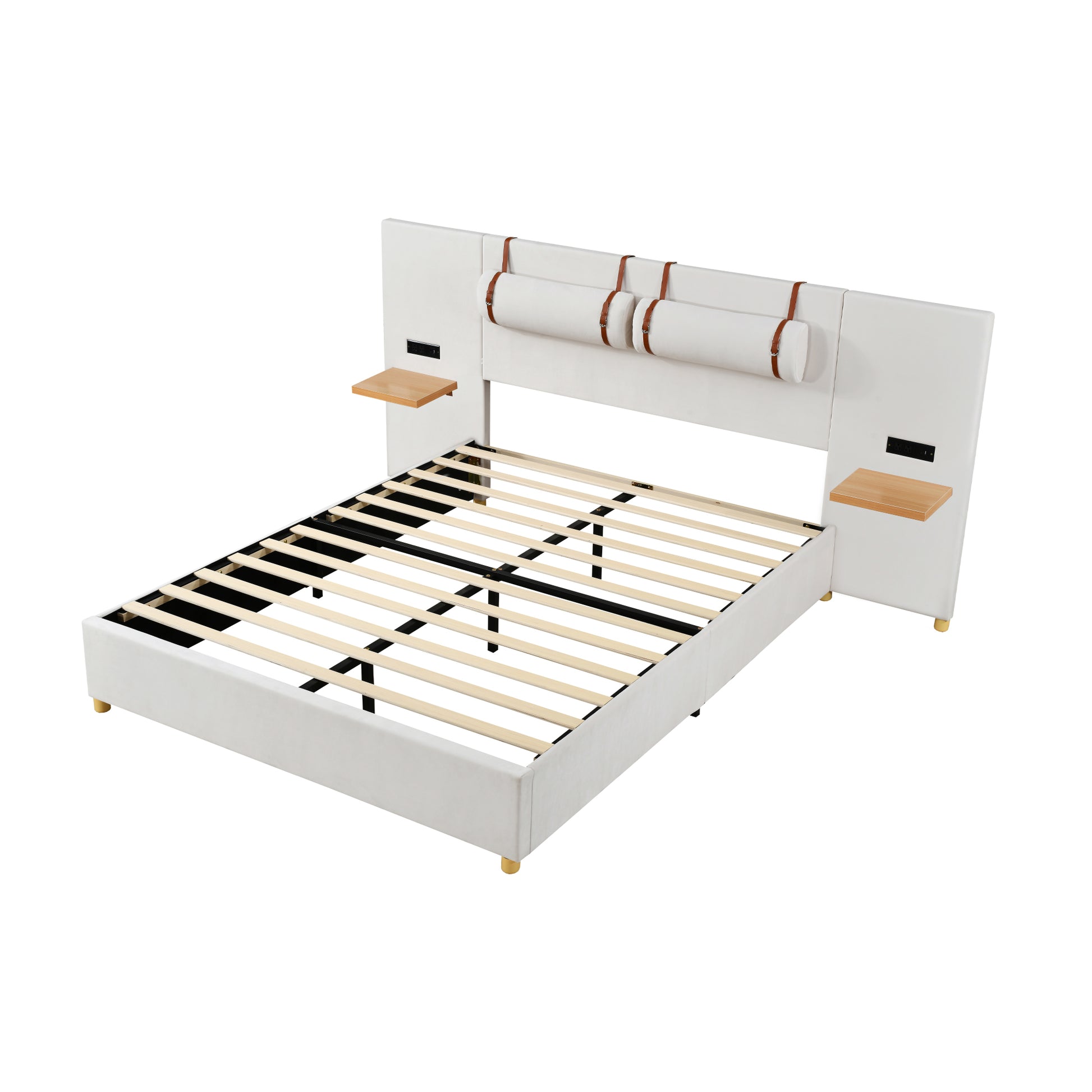 Queen Size Beige Upholstered Bed Frame with Storage