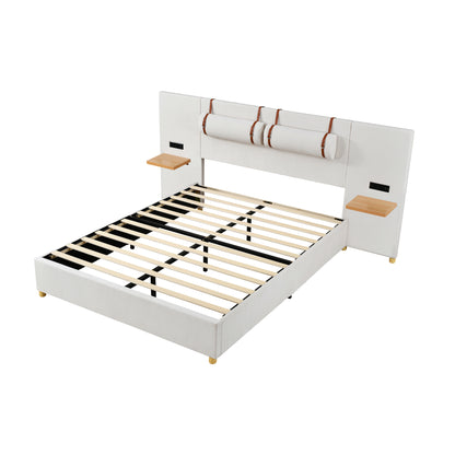 Queen Size Beige Upholstered Bed Frame with Storage