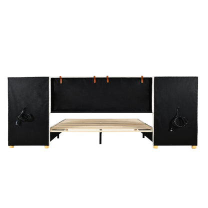 Queen Size Beige Upholstered Bed Frame with Storage