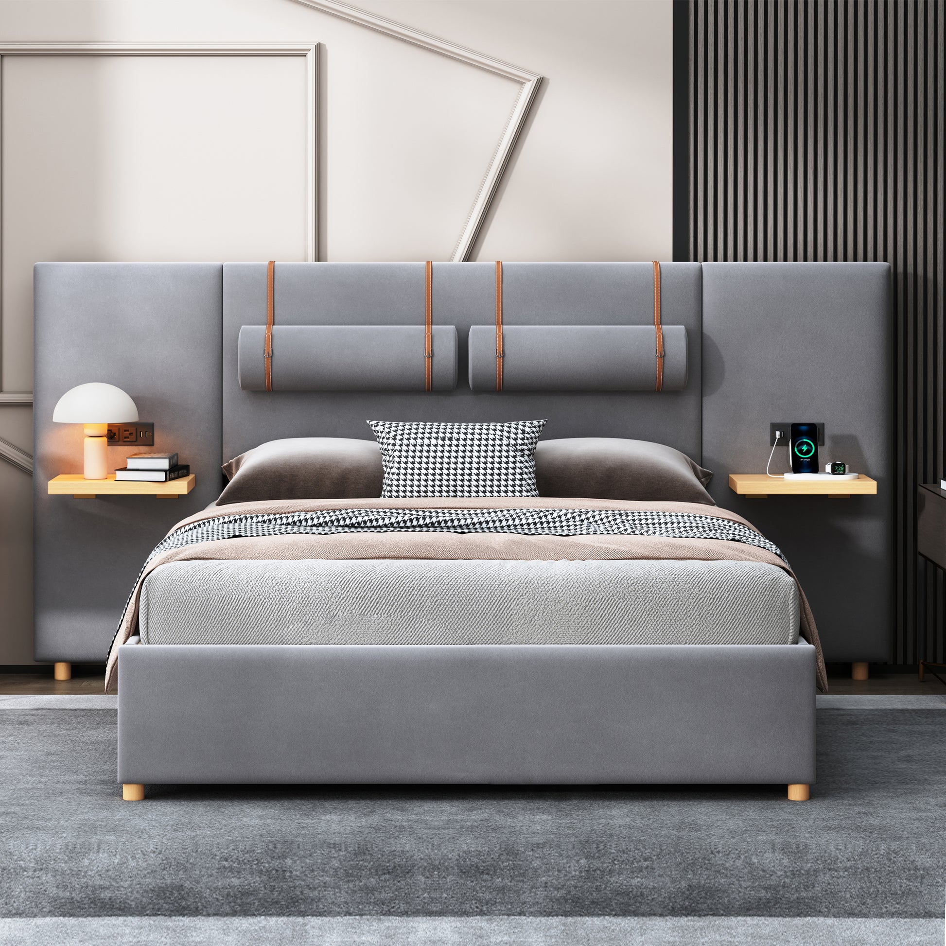 Queen Gray Upholstered Bed with Storage & USB Ports