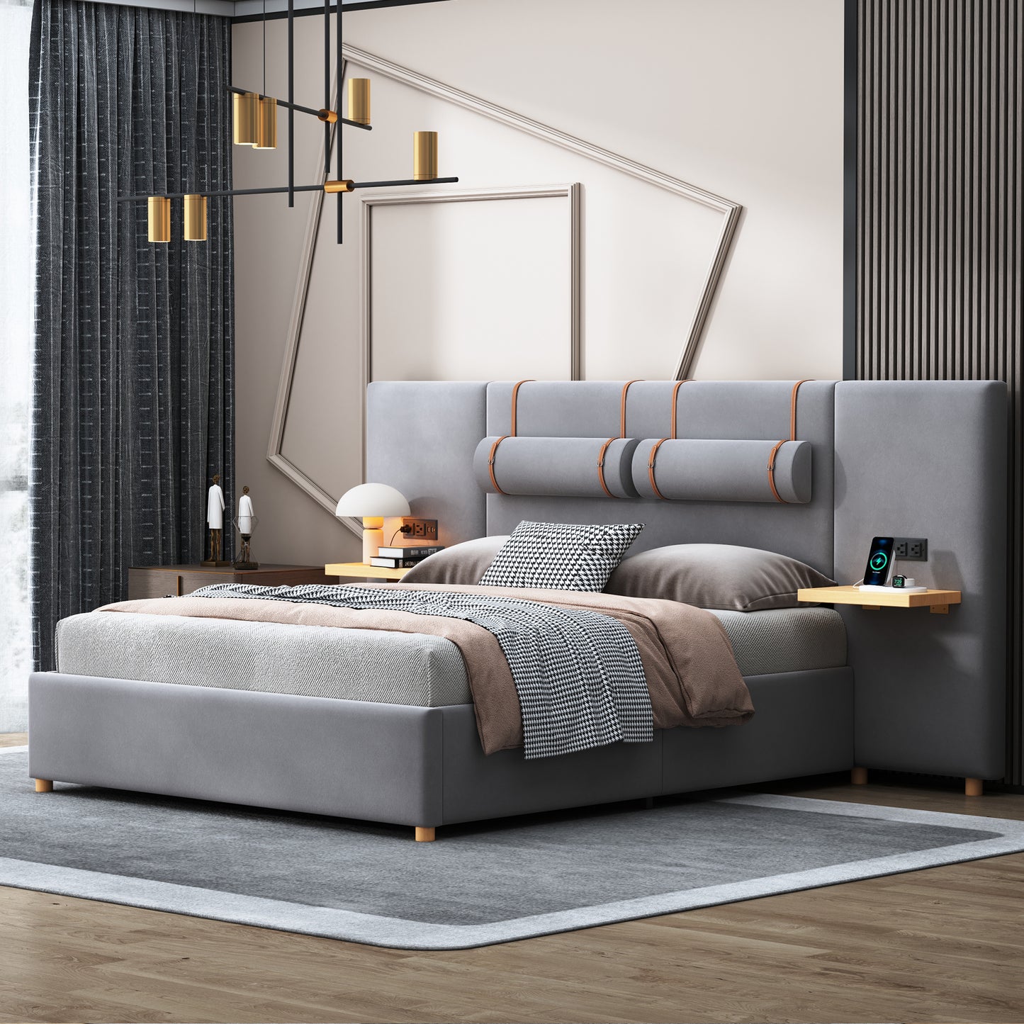 Queen Gray Upholstered Bed with Storage & USB Ports