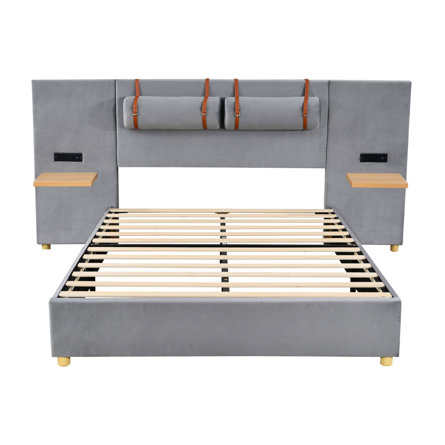 Queen Gray Upholstered Bed with Storage & USB Ports
