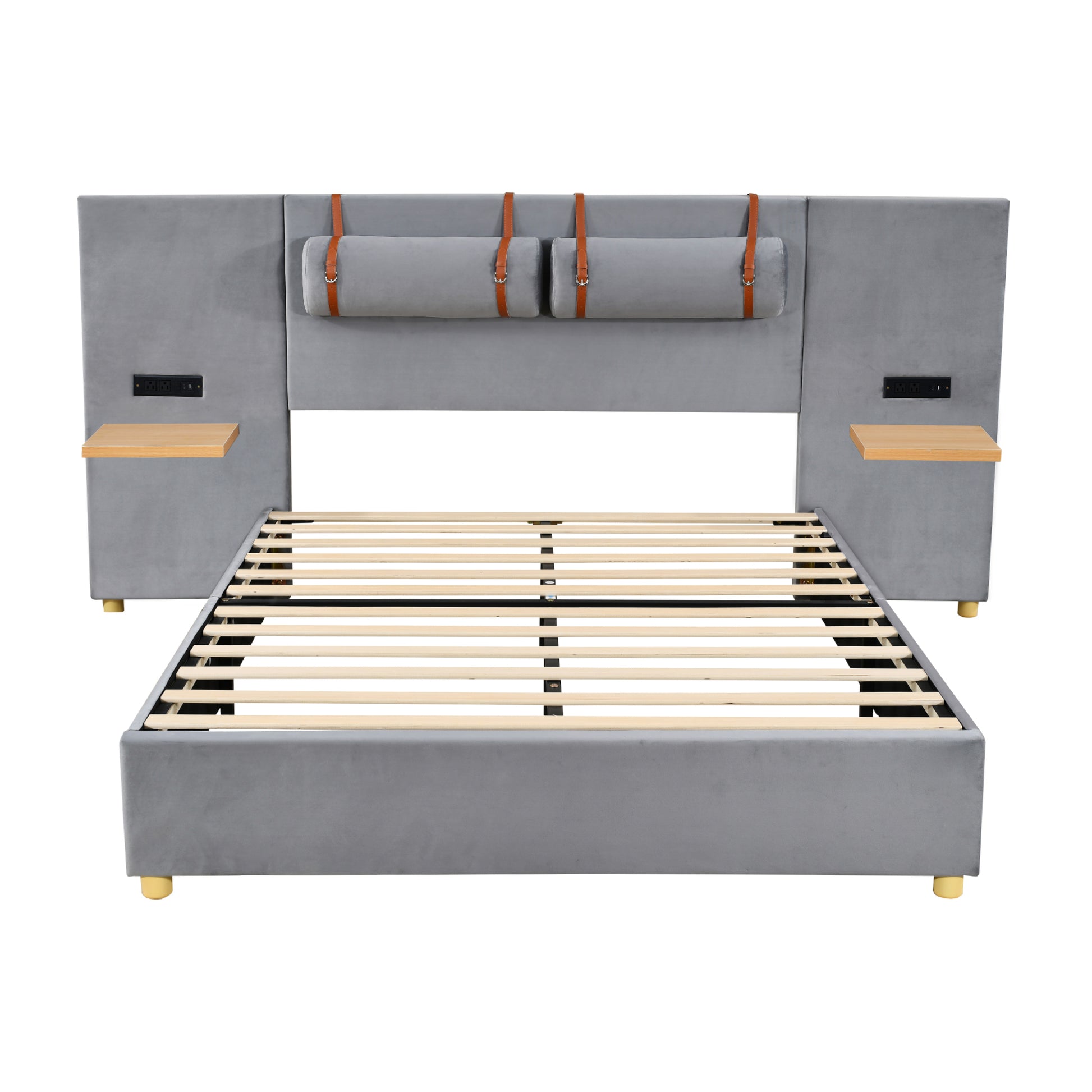 Queen Gray Upholstered Bed with Storage & USB Ports