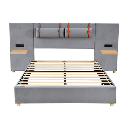 Queen Gray Upholstered Bed with Storage & USB Ports