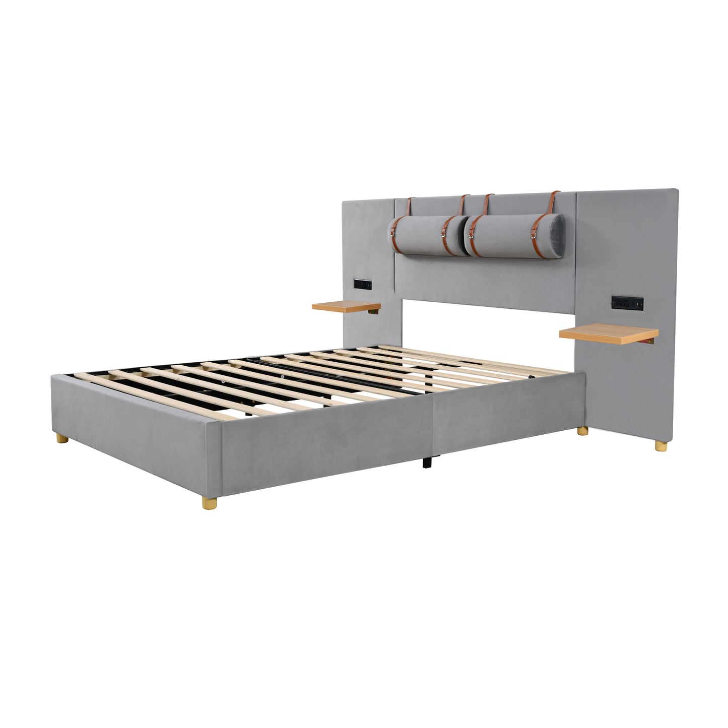 Queen Gray Upholstered Bed with Storage & USB Ports