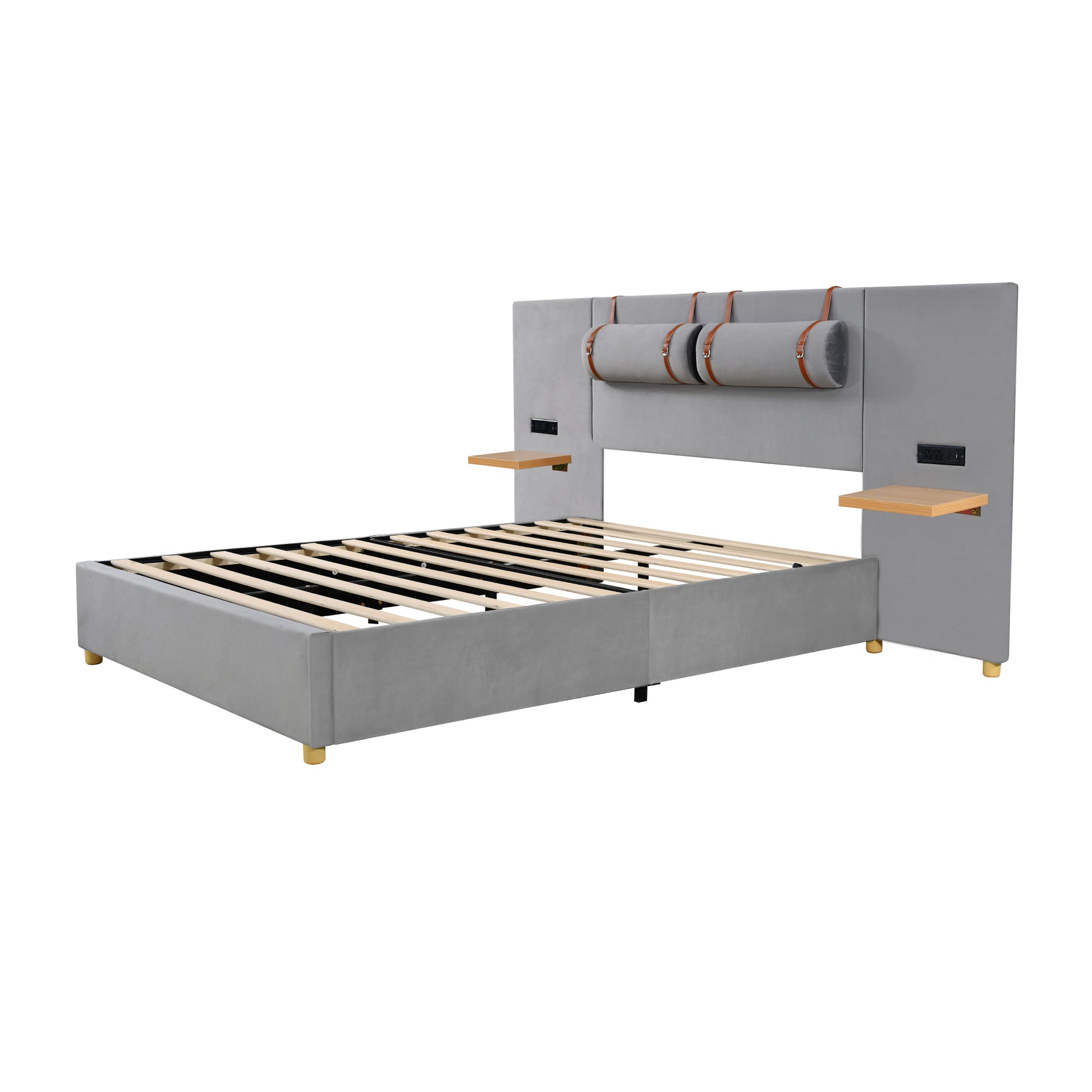 Queen Gray Upholstered Bed with Storage & USB Ports