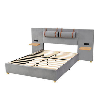 Queen Gray Upholstered Bed with Storage & USB Ports