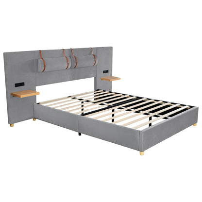 Queen Gray Upholstered Bed with Storage & USB Ports