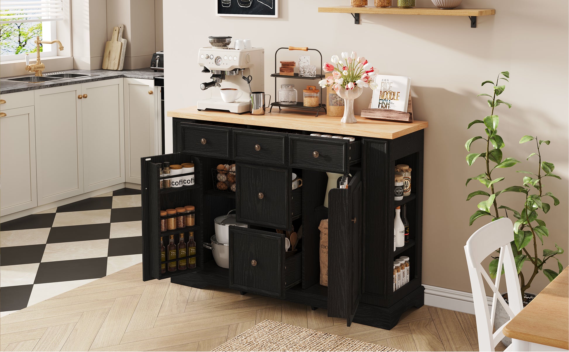 Black MDF Sideboard Buffet Cabinet - 5 Drawers Storage