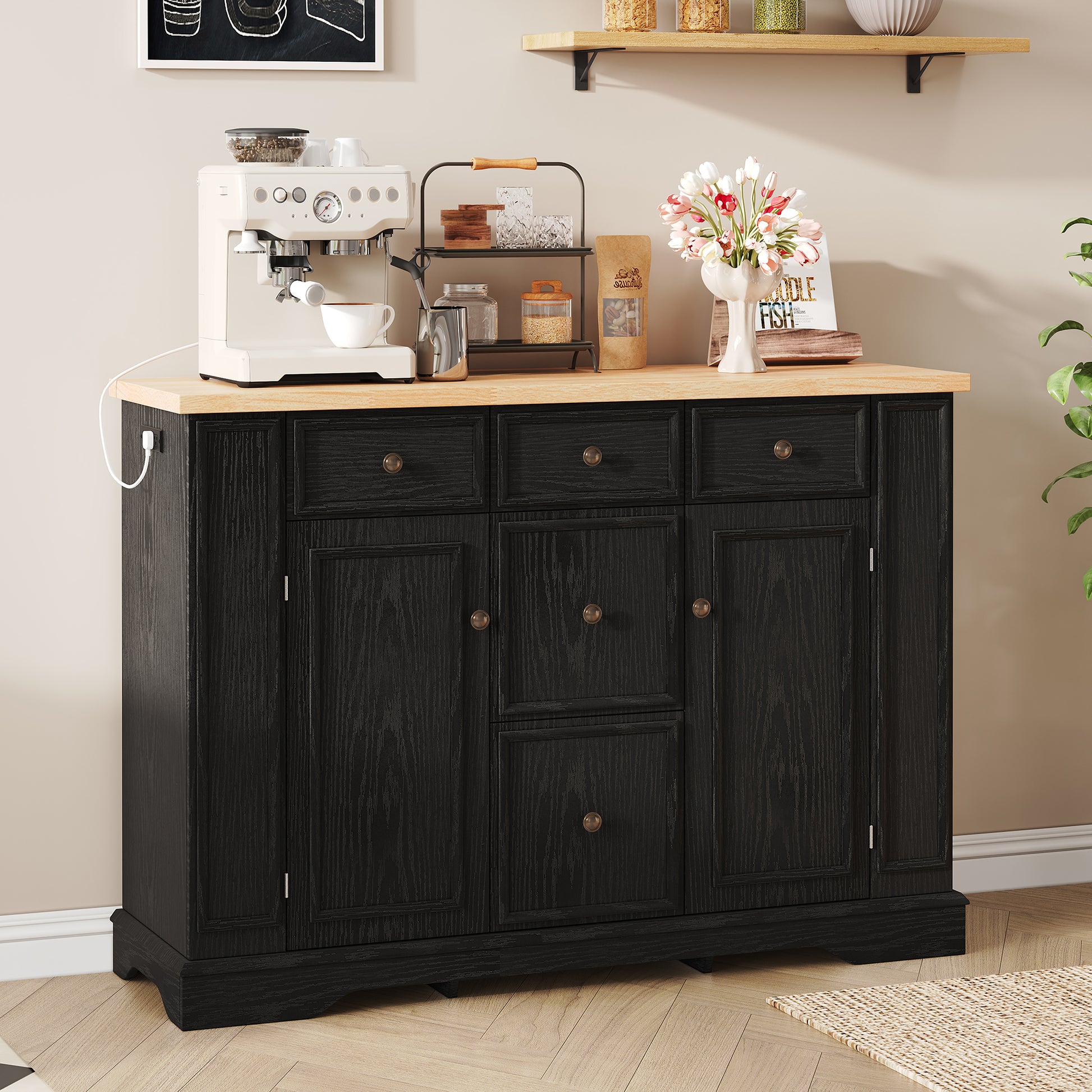 Black MDF Sideboard Buffet Cabinet - 5 Drawers Storage
