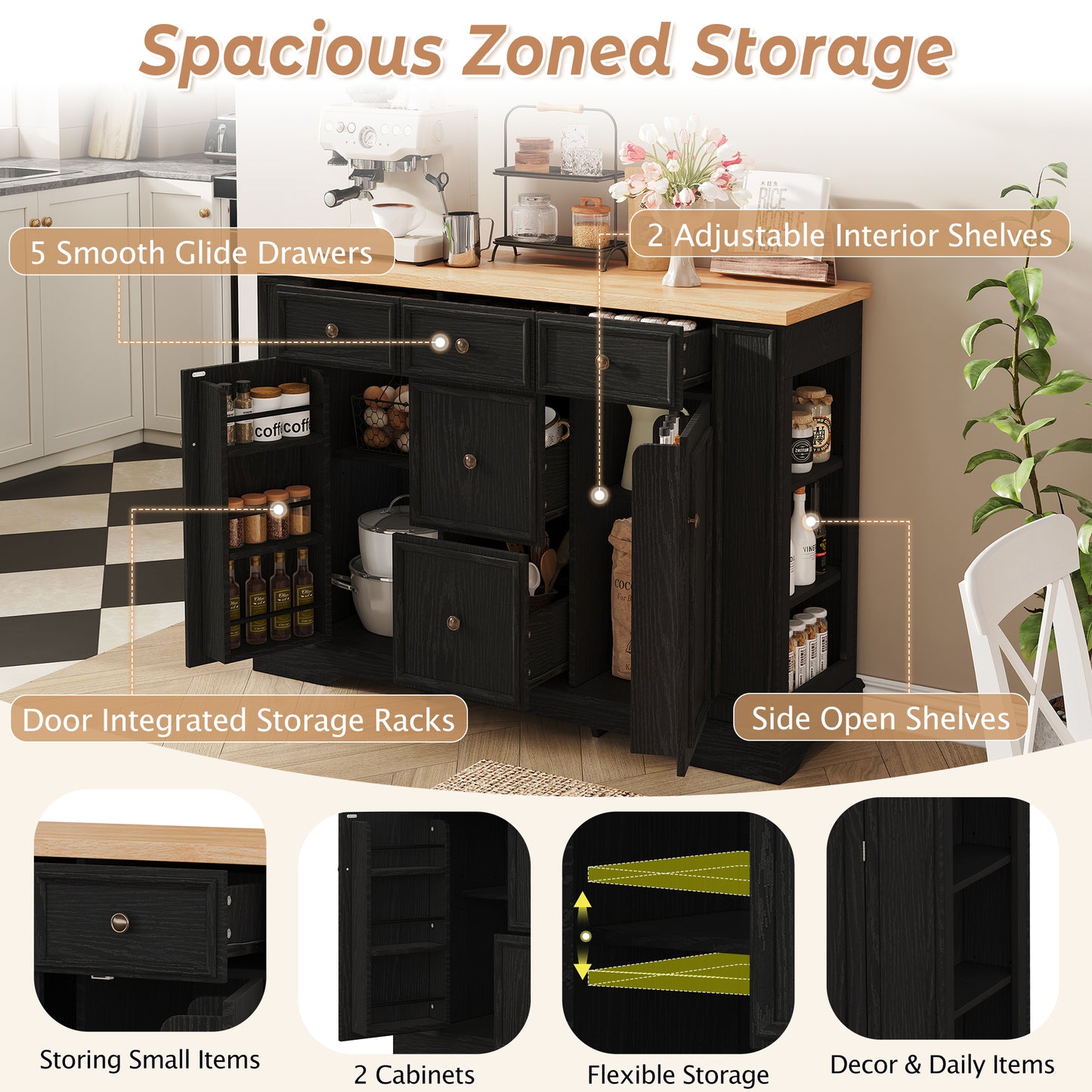 Black MDF Sideboard Buffet Cabinet - 5 Drawers Storage