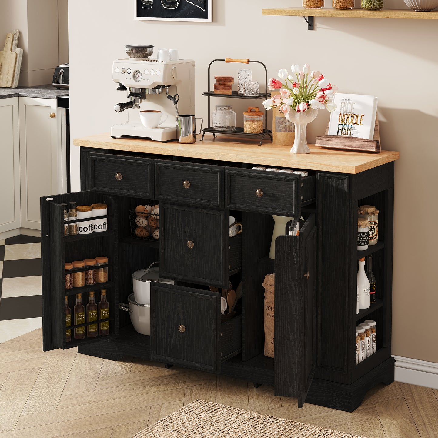 TREXM Sideboard Buffet Cabinet with Storage, Kitchen Console Table with 5 Drawers, 2 Cabinets, Adjustable Shelves, Buffet Server for Dining Room, Living Room, Entryway (Black)