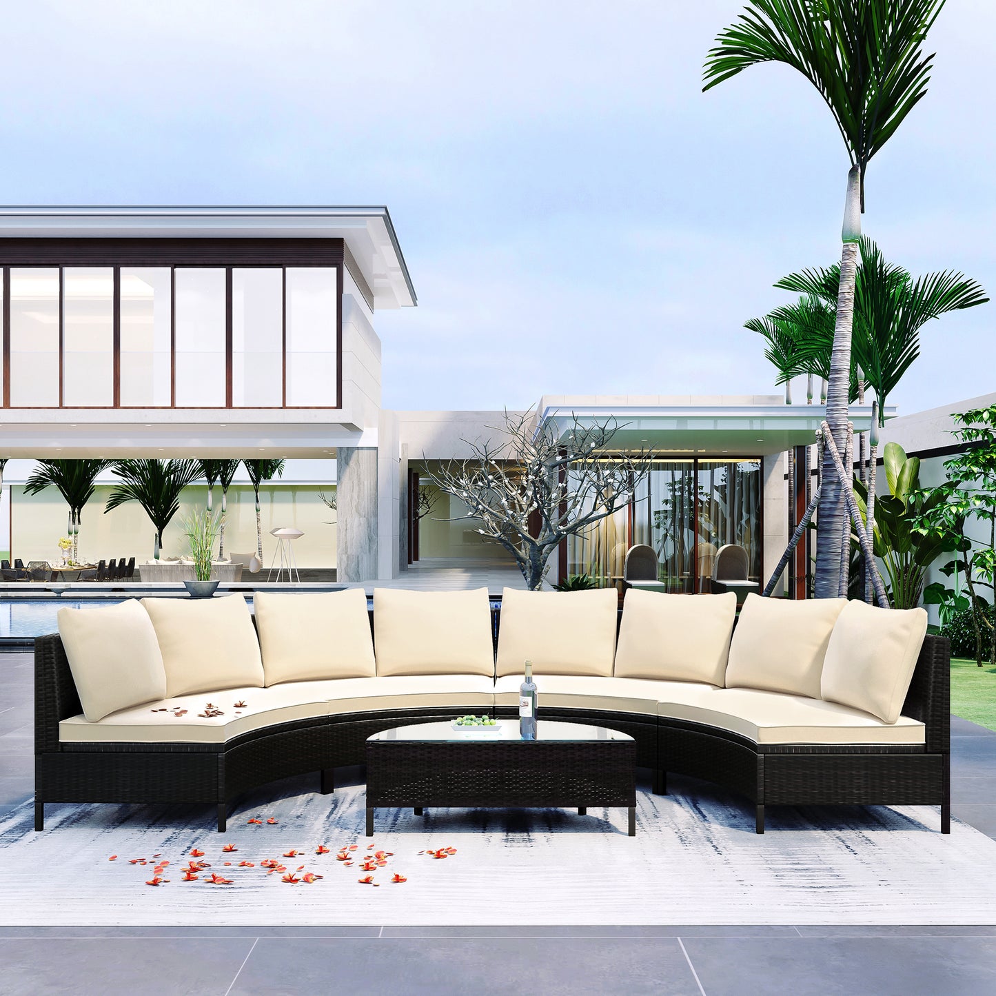 5-Piece Half-Moon Patio Sectional Sofa Set with Tempered Glass Coffee Table, Beige