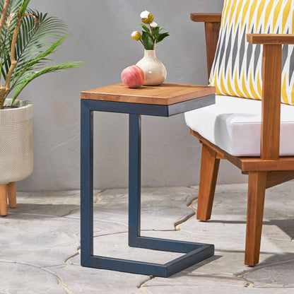 Small Antique Natural Wood End Table - Metal Base