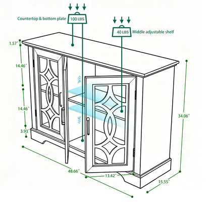 48.66" x 15.55" x 34.06" Spacious size sideboard 3 clear tempered glass doors buffet with adjustable shelf, MDF with dark OAK decorative laminates storage cabinet for dinning room, kitchen,living room