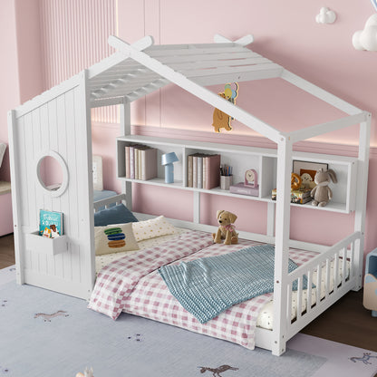 Twin Size Wooden Play House Bed with Storage Shelf for Bedroom