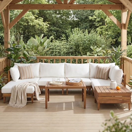 8-Piece Acacia Wood Modular Outdoor Sectional Sofa Set with Storage Table and Beige Cushions