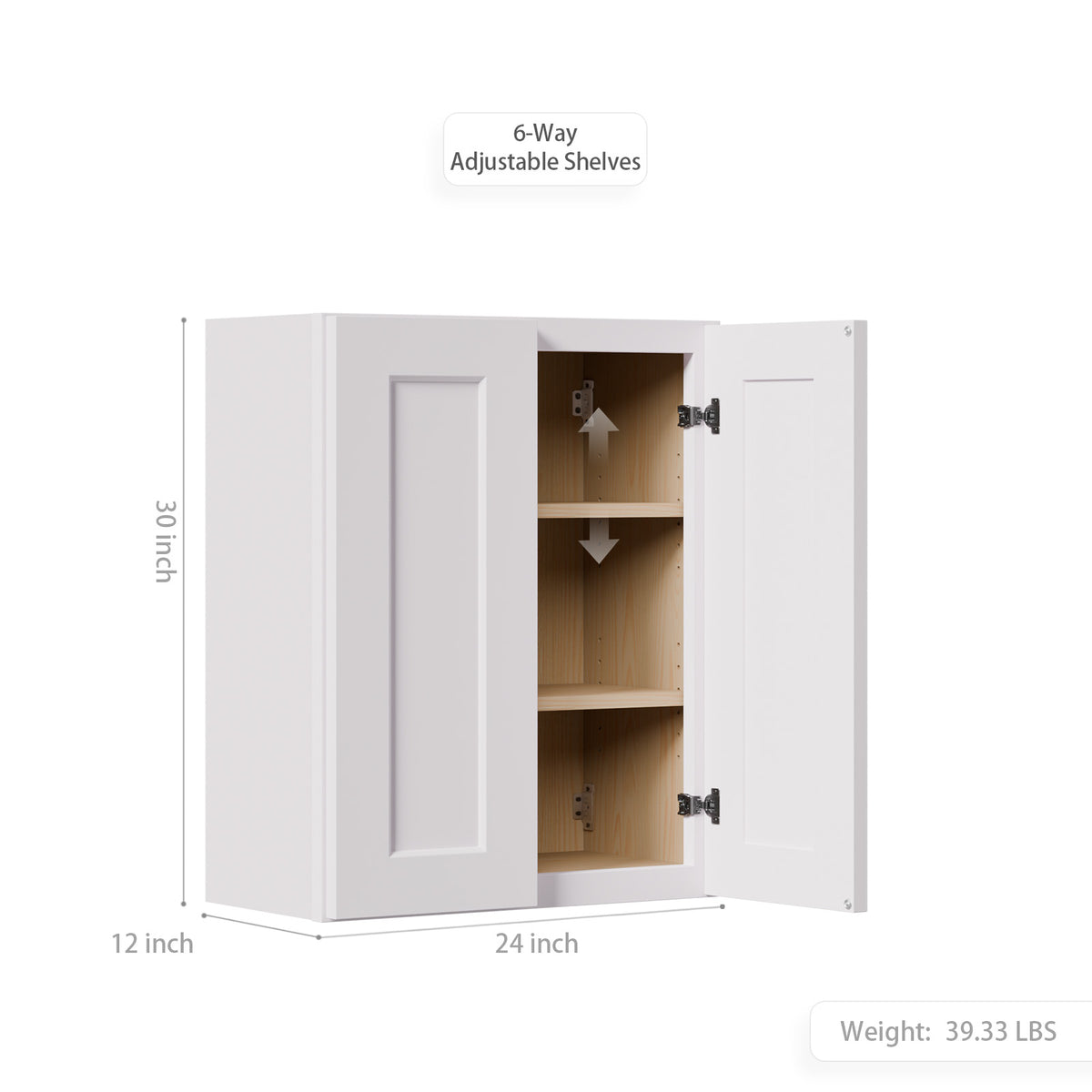 White Shaker Wall Cabinet - 24" Double Door Storage