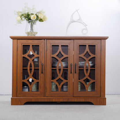 48.66" x 15.55" x 34.06" Spacious size sideboard 3 clear tempered glass doors buffet with adjustable shelf, MDF with dark OAK decorative laminates storage cabinet for dinning room, kitchen,living room