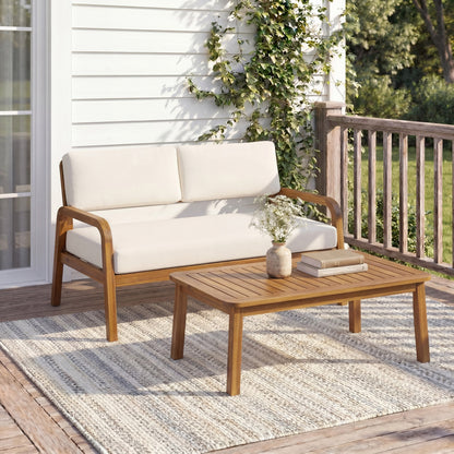 2-Piece Outdoor Loveseat and Coffee Table Set with Teak-Finish Wood Frame and Cushions
